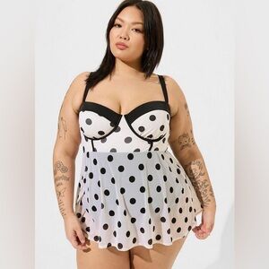 Torrid Retro Underwire Mesh Black and White Polka Dot Swim Dress